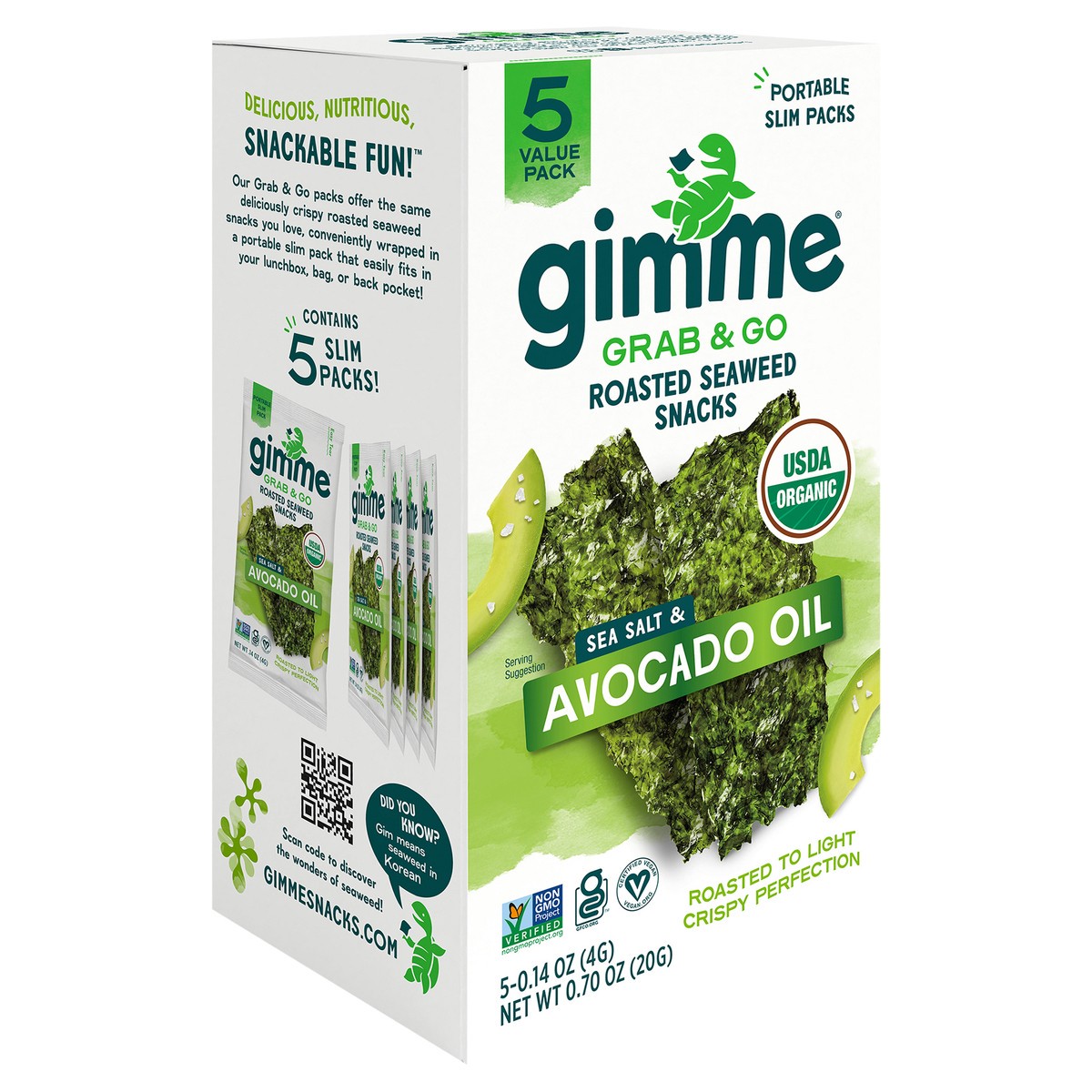 slide 5 of 9, gimme Seaweed Grab & Go Organic Premium Roasted Seaweed Snack, Avocado & Sea Salt, .70oz, 5 Pack, 5 ct