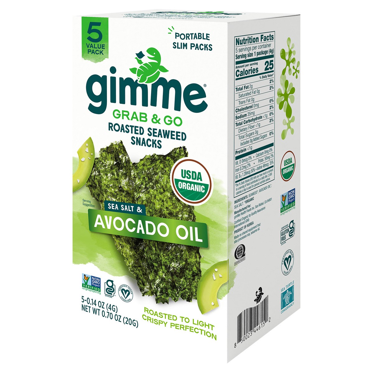 slide 7 of 9, gimme Seaweed Grab & Go Organic Premium Roasted Seaweed Snack, Avocado & Sea Salt, .70oz, 5 Pack, 5 ct
