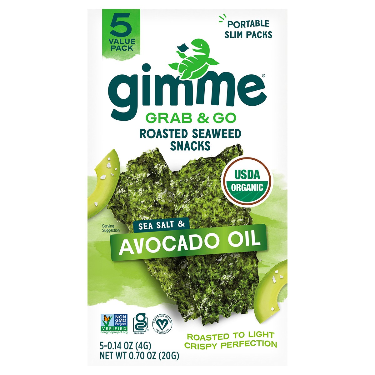 slide 1 of 9, gimme Seaweed Grab & Go Organic Premium Roasted Seaweed Snack, Avocado & Sea Salt, .70oz, 5 Pack, 5 ct
