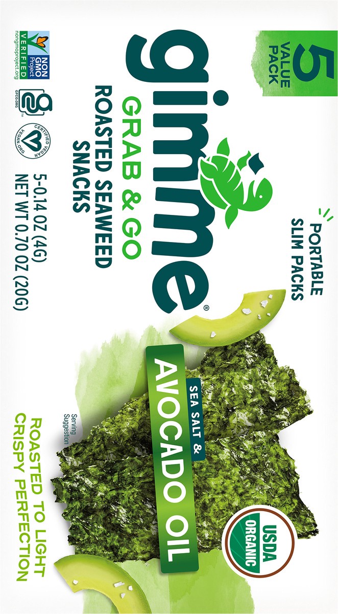 slide 9 of 9, gimme Seaweed Grab & Go Organic Premium Roasted Seaweed Snack, Avocado & Sea Salt, .70oz, 5 Pack, 5 ct