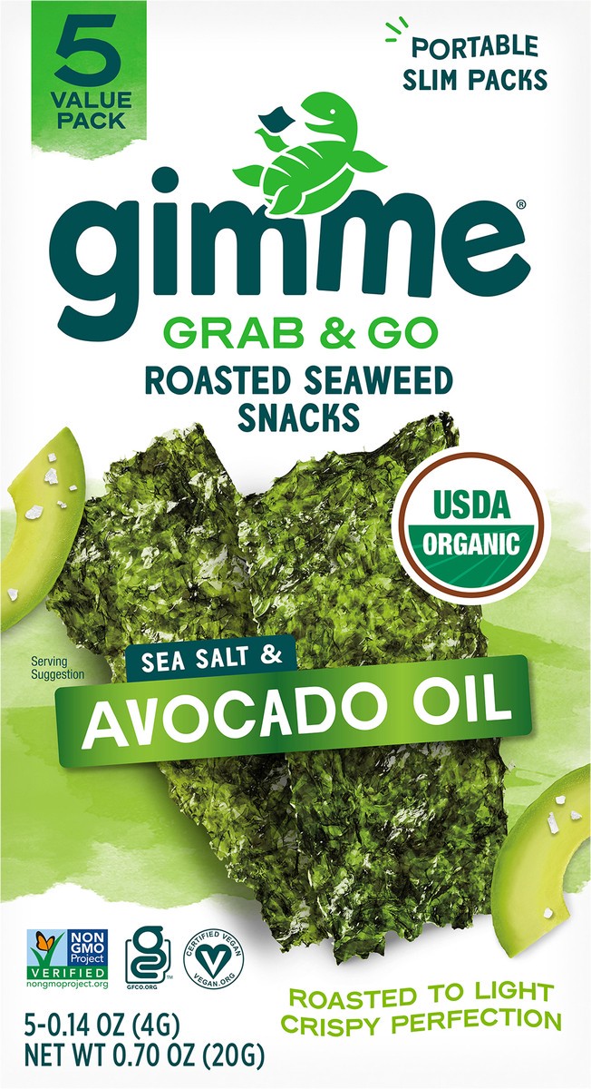 slide 6 of 9, gimme Seaweed Grab & Go Organic Premium Roasted Seaweed Snack, Avocado & Sea Salt, .70oz, 5 Pack, 5 ct