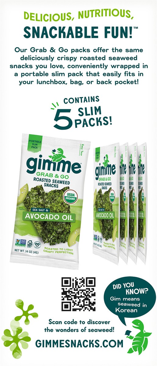 slide 4 of 9, gimme Seaweed Grab & Go Organic Premium Roasted Seaweed Snack, Avocado & Sea Salt, .70oz, 5 Pack, 5 ct