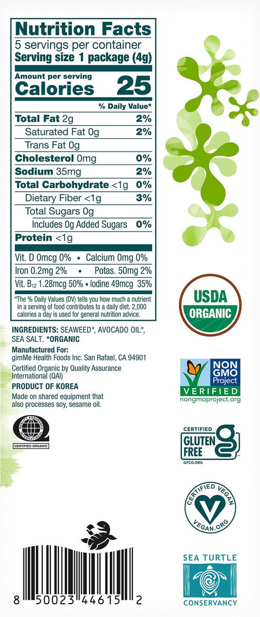 slide 2 of 9, gimme Seaweed Grab & Go Organic Premium Roasted Seaweed Snack, Avocado & Sea Salt, .70oz, 5 Pack, 5 ct