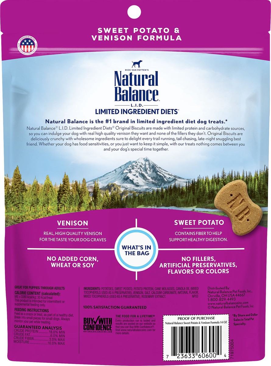 slide 5 of 8, Natural Balance L.I.D. Limited Ingredient Diets Original Biscuits Grain Free Sweet Potato & Venison Formula Treats for Dogs 14 oz, 14 oz