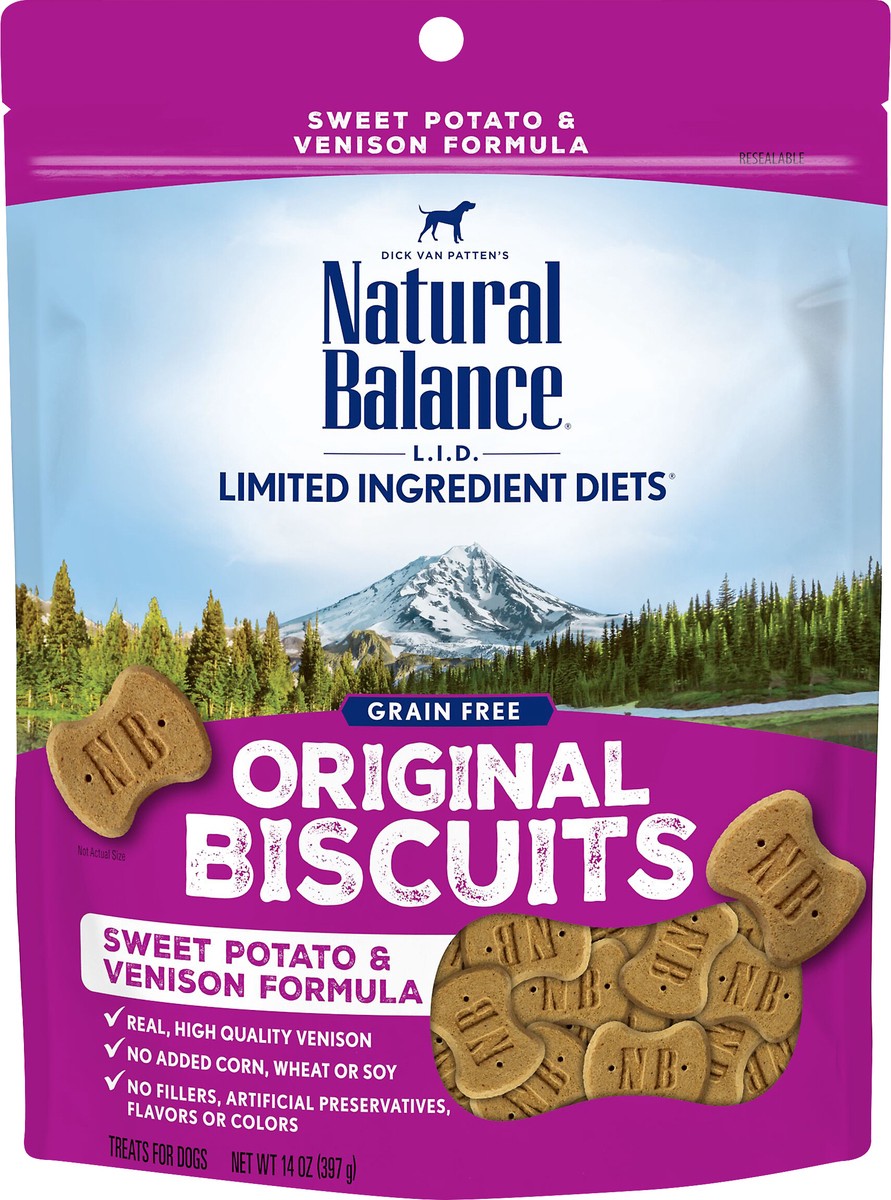 slide 2 of 8, Natural Balance L.I.D. Limited Ingredient Diets Original Biscuits Grain Free Sweet Potato & Venison Formula Treats for Dogs 14 oz, 14 oz