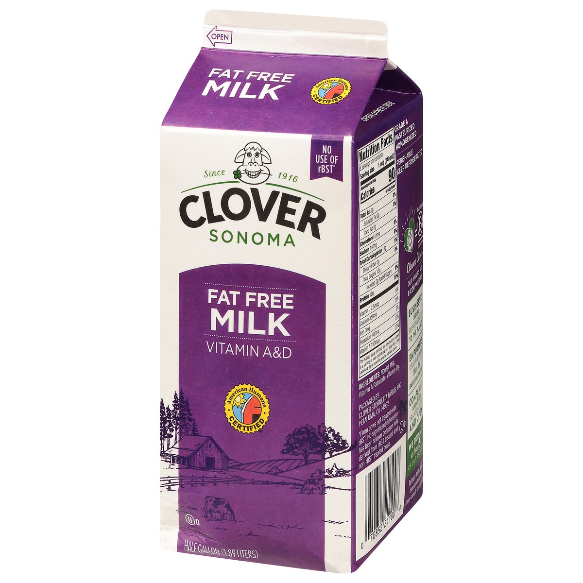slide 3 of 9, Clover Sonoma Fat Free Milk 0.5 gal, 1/2 gal