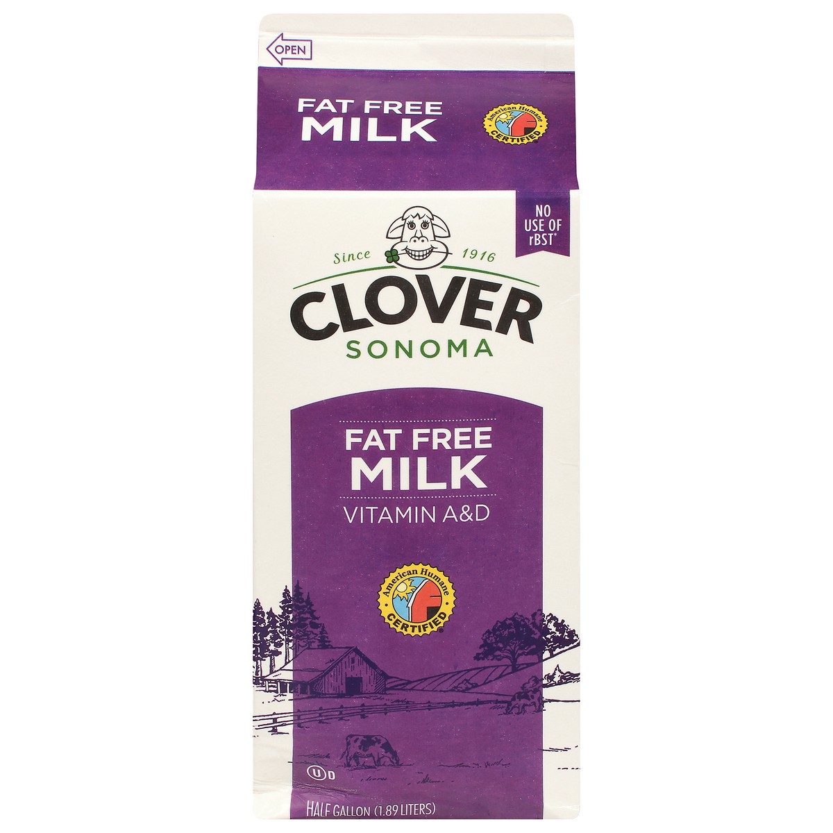 slide 1 of 9, Clover Sonoma Fat Free Milk 0.5 gal, 1/2 gal