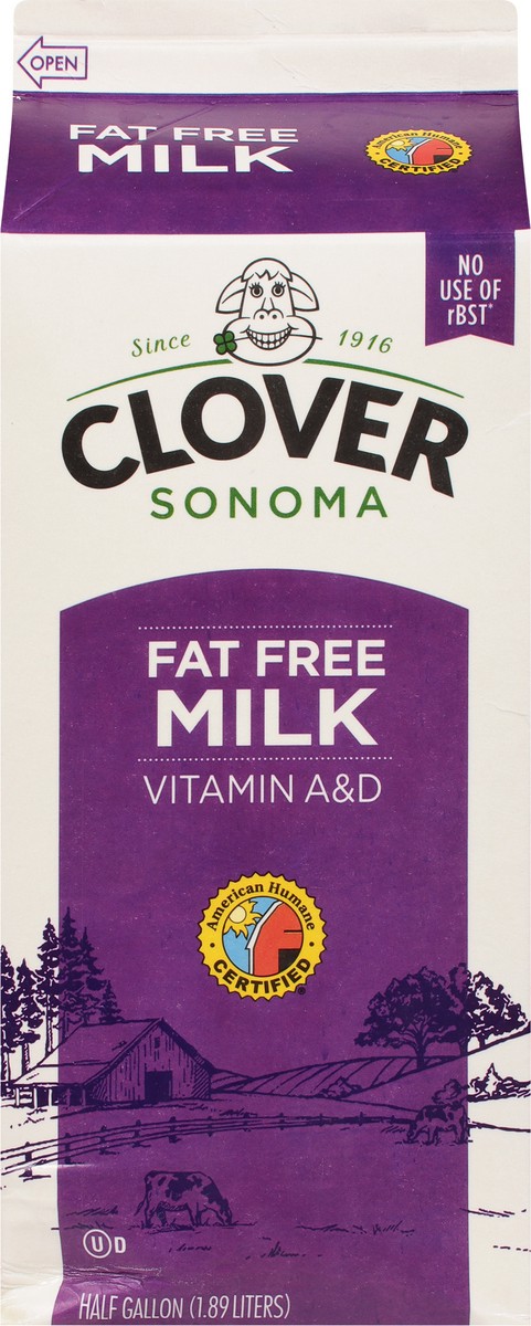 slide 6 of 9, Clover Sonoma Fat Free Milk 0.5 gal, 1/2 gal