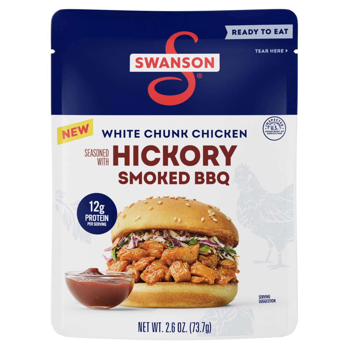 slide 3 of 11, Swanson Hickory Smoked BBQ White Chunk Fully Cooked Chicken, 2.6 oz Pouch, 2.6 oz