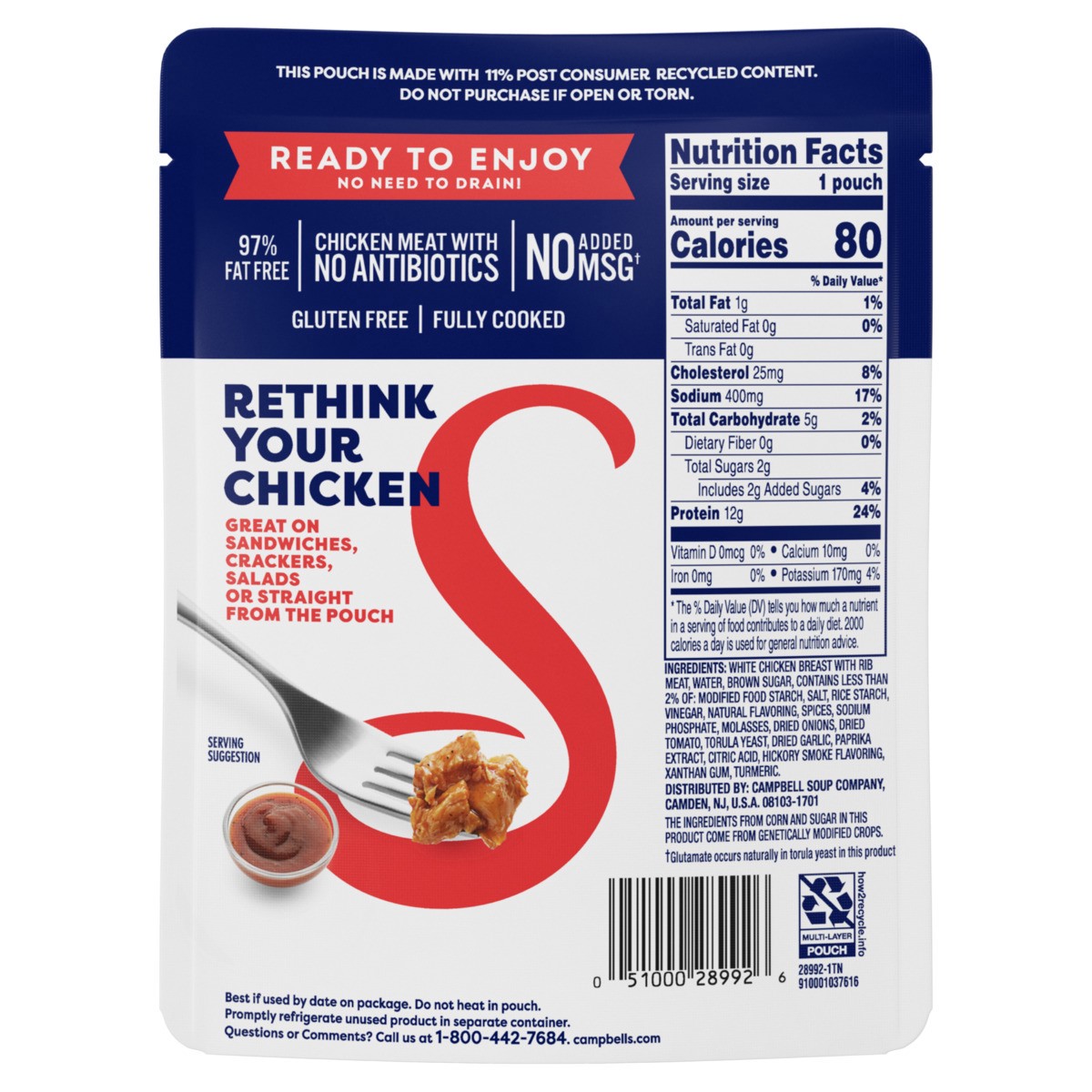 slide 7 of 11, Swanson Hickory Smoked BBQ White Chunk Fully Cooked Chicken, 2.6 oz Pouch, 2.6 oz