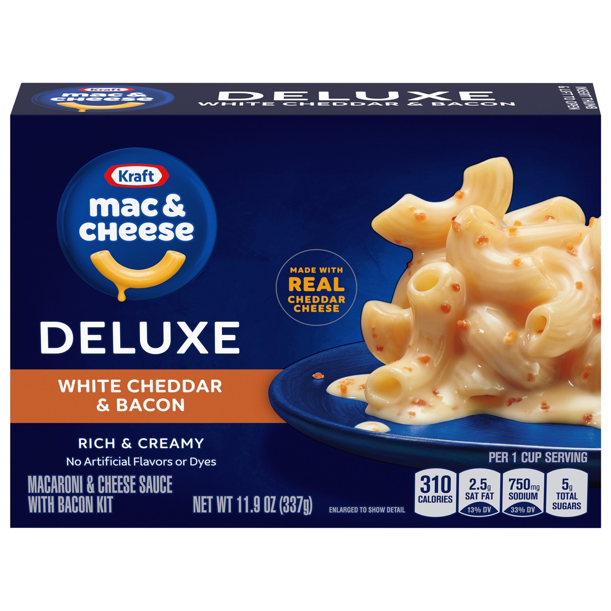 slide 9 of 14, Kraft Deluxe White Cheddar & Bacon Mac & Cheese Macaroni and Cheese Dinner, 11.9 oz Box, 11.9 oz