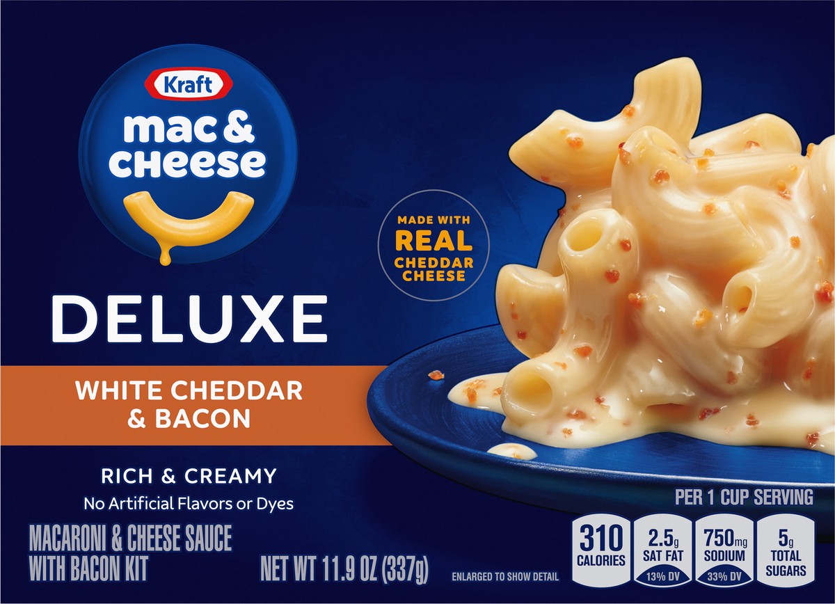 slide 7 of 14, Kraft Deluxe White Cheddar & Bacon Mac & Cheese Macaroni and Cheese Dinner, 11.9 oz Box, 11.9 oz