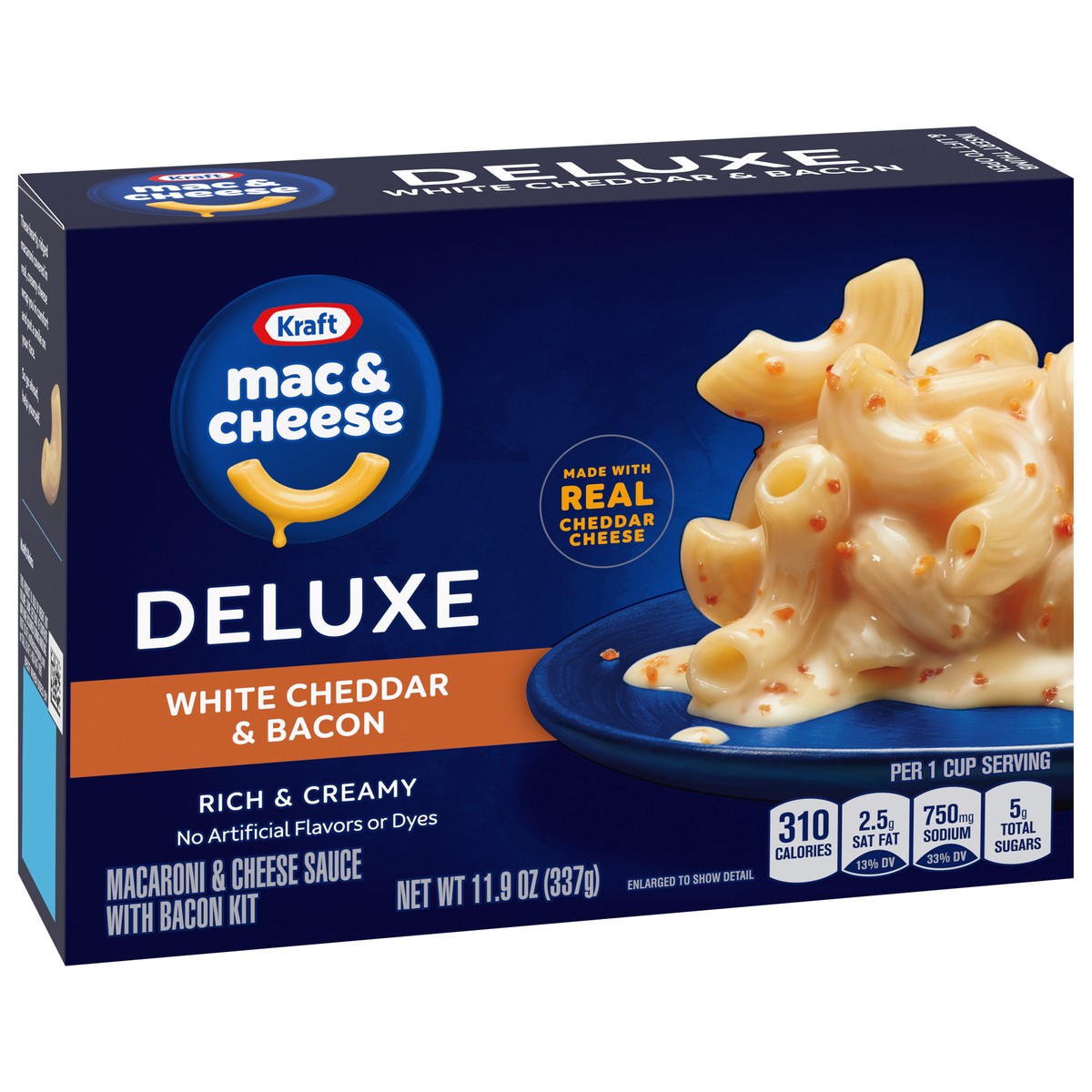 slide 4 of 14, Kraft Deluxe White Cheddar & Bacon Mac & Cheese Macaroni and Cheese Dinner, 11.9 oz Box, 11.9 oz