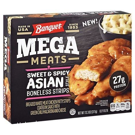 slide 1 of 1, Banquet Mega Meats Sweet And Spicy Asian Style Boneless Chkn Strips, 13.3 oz