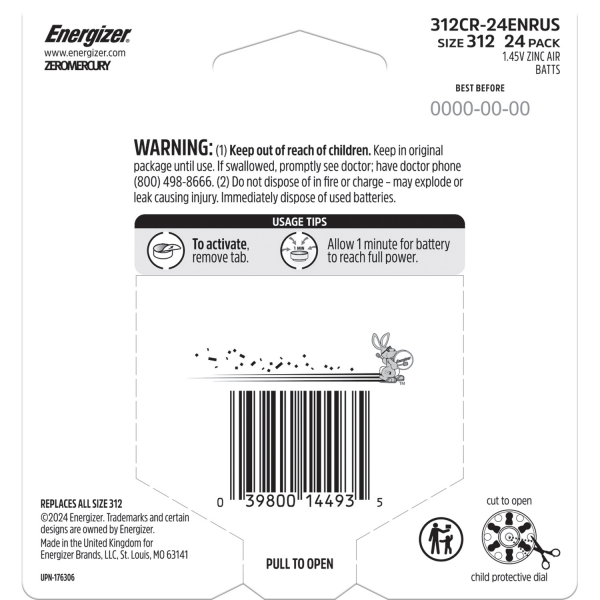 slide 5 of 5, Energizer 1.45V Zinc Air Batteries Size 312 24 ea, 24 ct