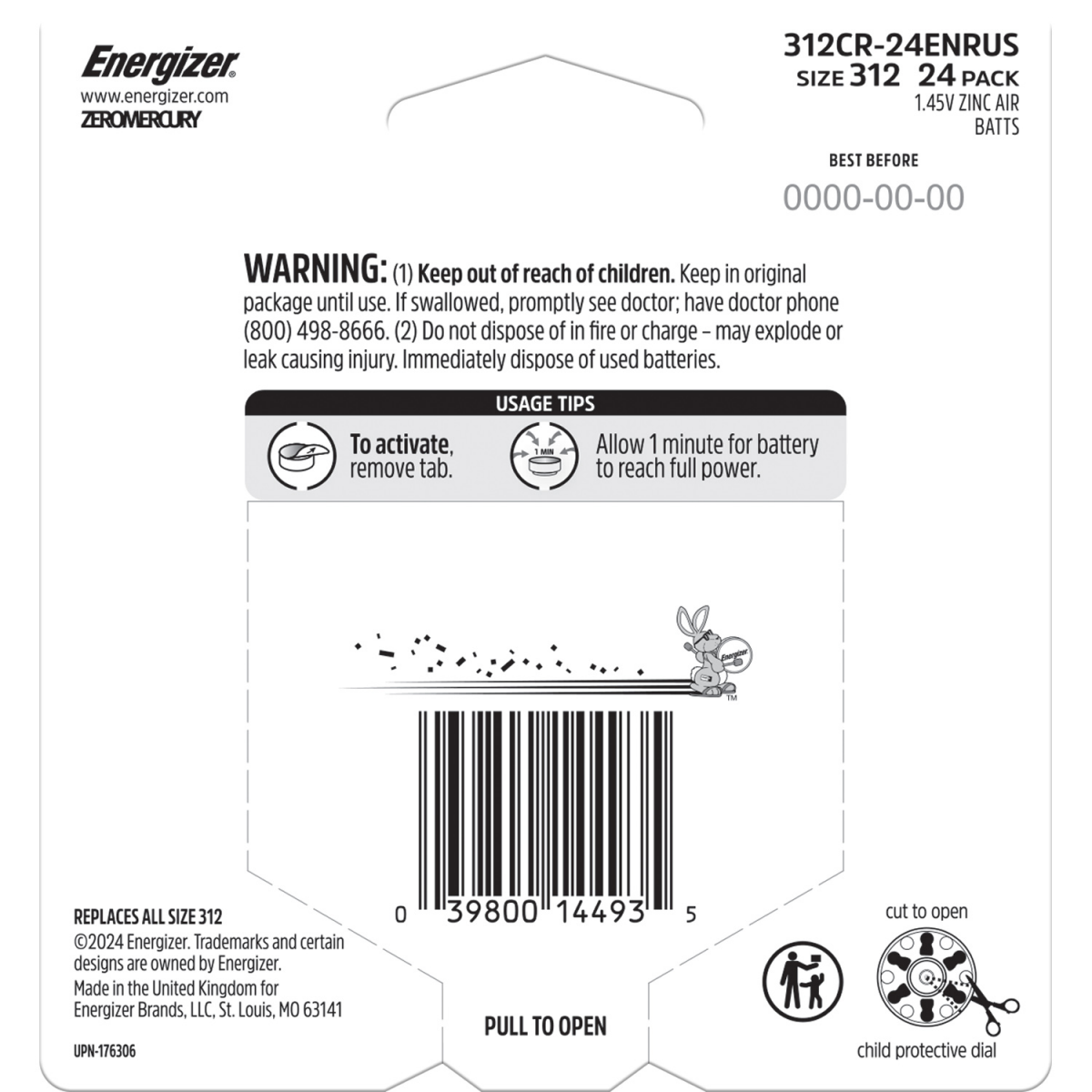 slide 3 of 5, Energizer 1.45V Zinc Air Batteries Size 312 24 ea, 24 ct