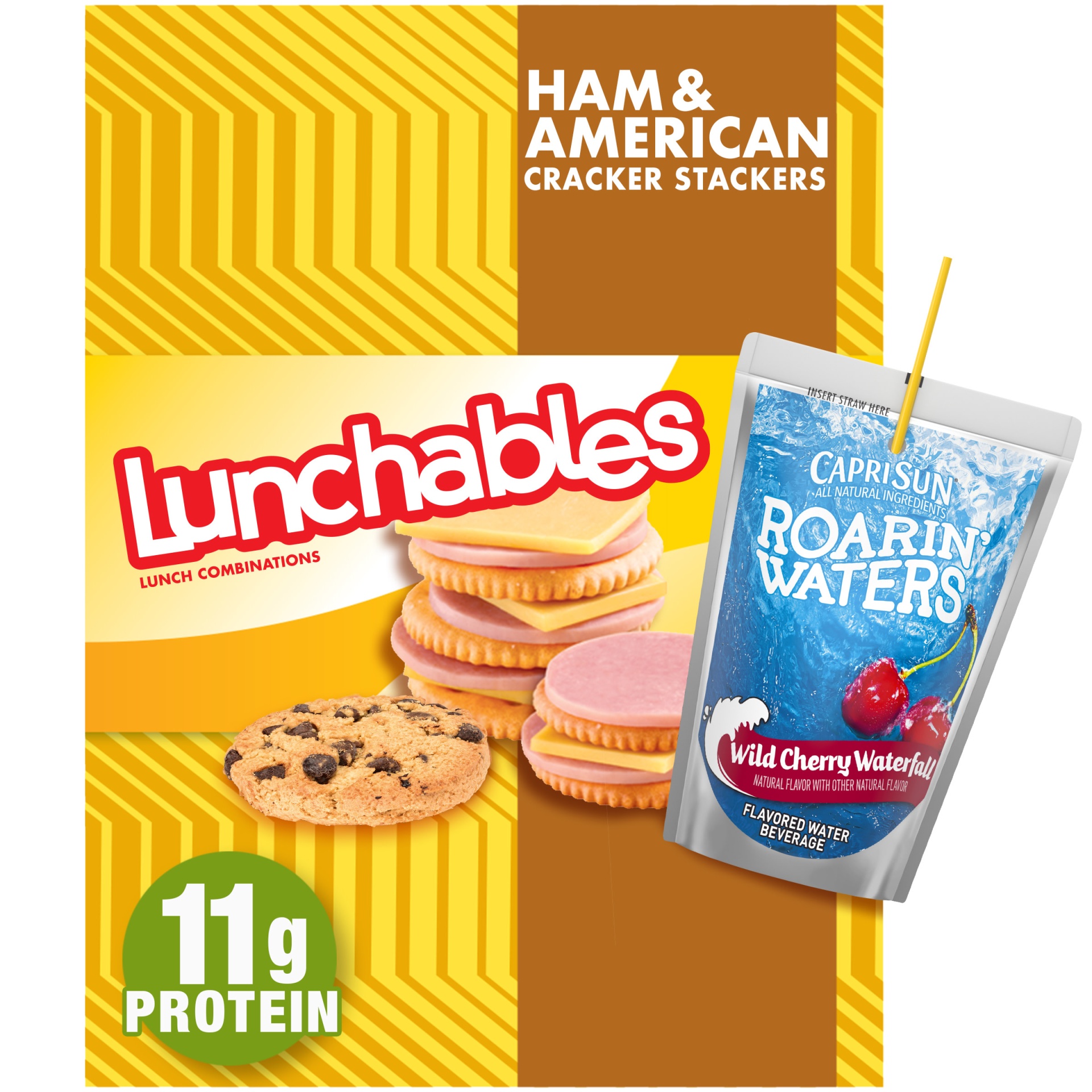 slide 1 of 1, Lunchables Ham & American Cheese Cracker Stackers Meal Kit with Capri Sun Roarin' Waters Wild Cherry Drink & Chocolate Chip Cookies, 3.1 oz