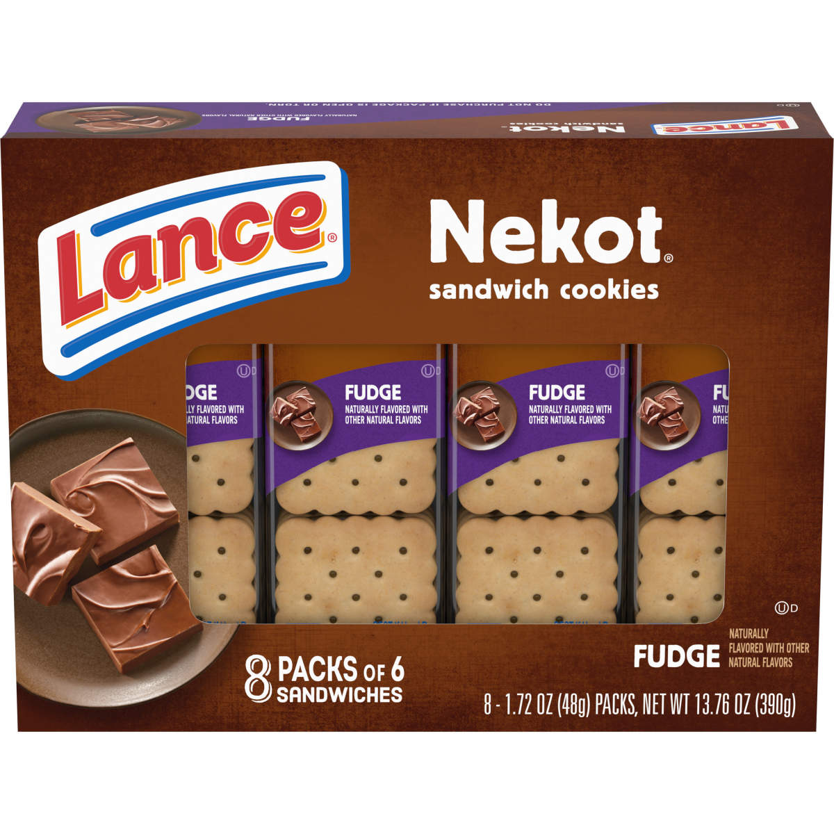 slide 1 of 5, Lance Sandwich Cookies, Nekot Fudge, 8 Individually Wrapped Packs, 6 Sandwiches Each, 8 ct