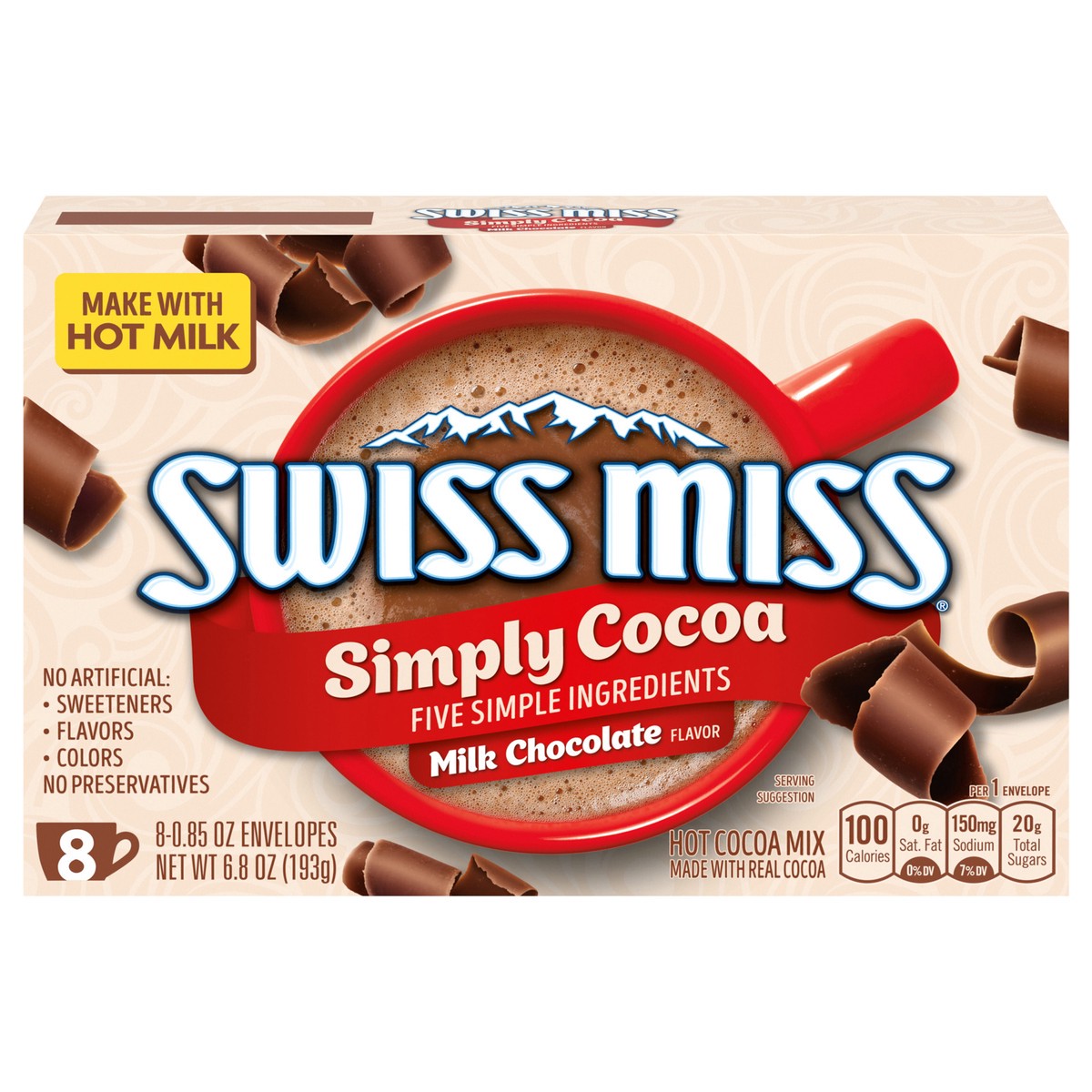 slide 1 of 5, Swiss Miss Simply Cocoa Milk Chocolate Flavored Hot Cocoa Mix, 8 Count Hot Cocoa Mix Packets, 8 ct