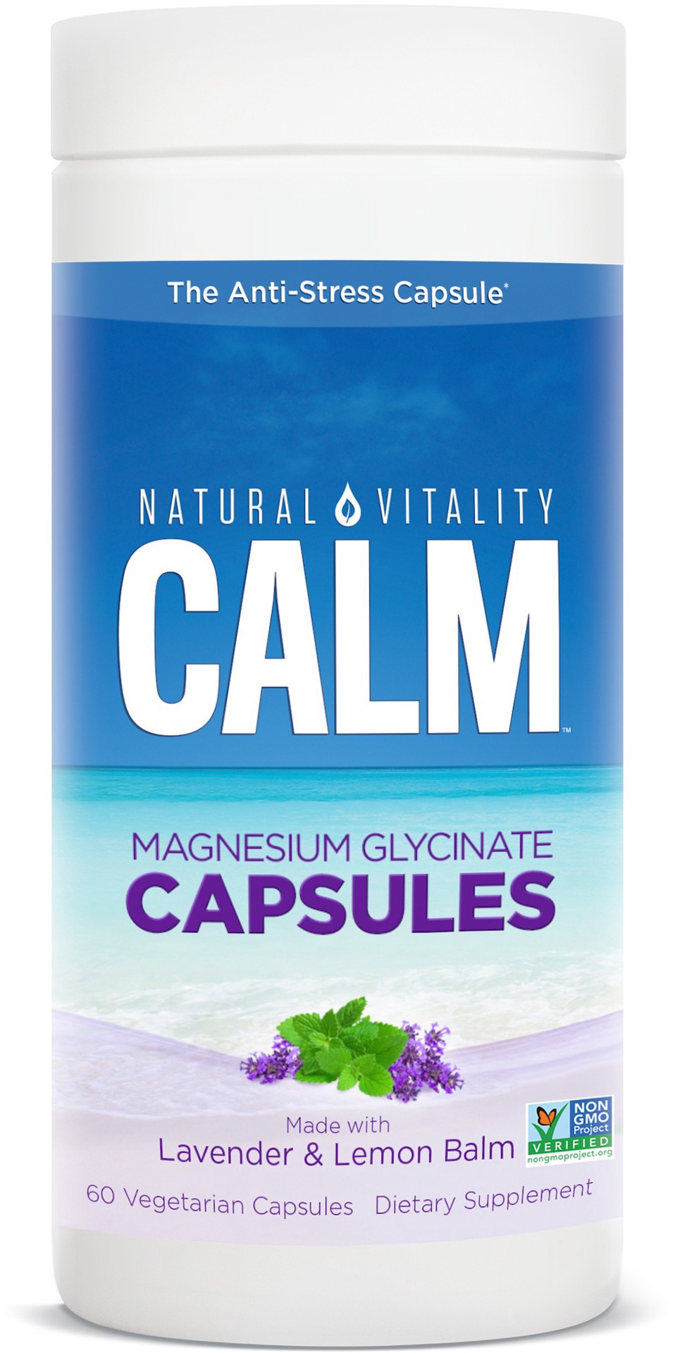 slide 1 of 6, Natural Vitality Calm Capsules, Magnesium Glycinate Supplement with Lavender & Lemon Balm , 60 Vegan Capsules, 60 ct