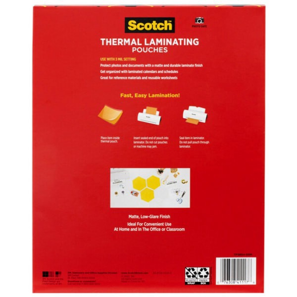 slide 6 of 10, Scotch® Thermal Laminating Pouches, 8-15/16"" x 11-7/16"", Matte, Clear, 50 Laminating Pouches, 1 ct