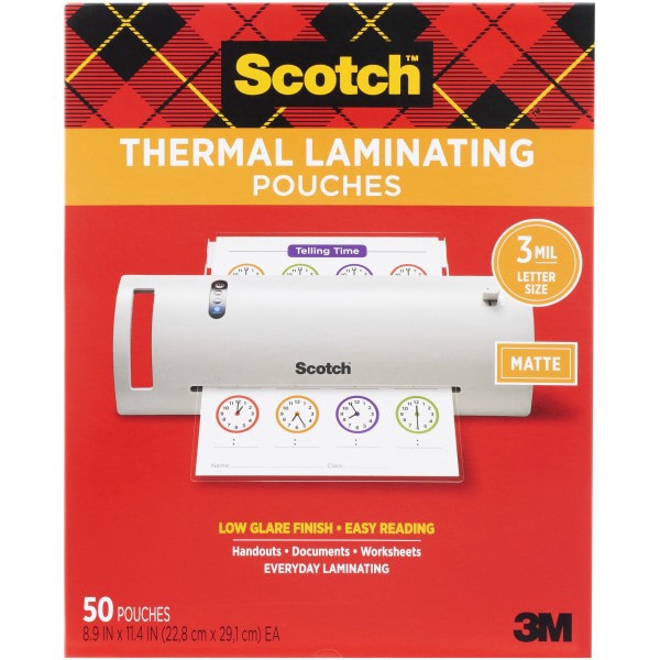slide 10 of 10, Scotch® Thermal Laminating Pouches, 8-15/16"" x 11-7/16"", Matte, Clear, 50 Laminating Pouches, 1 ct