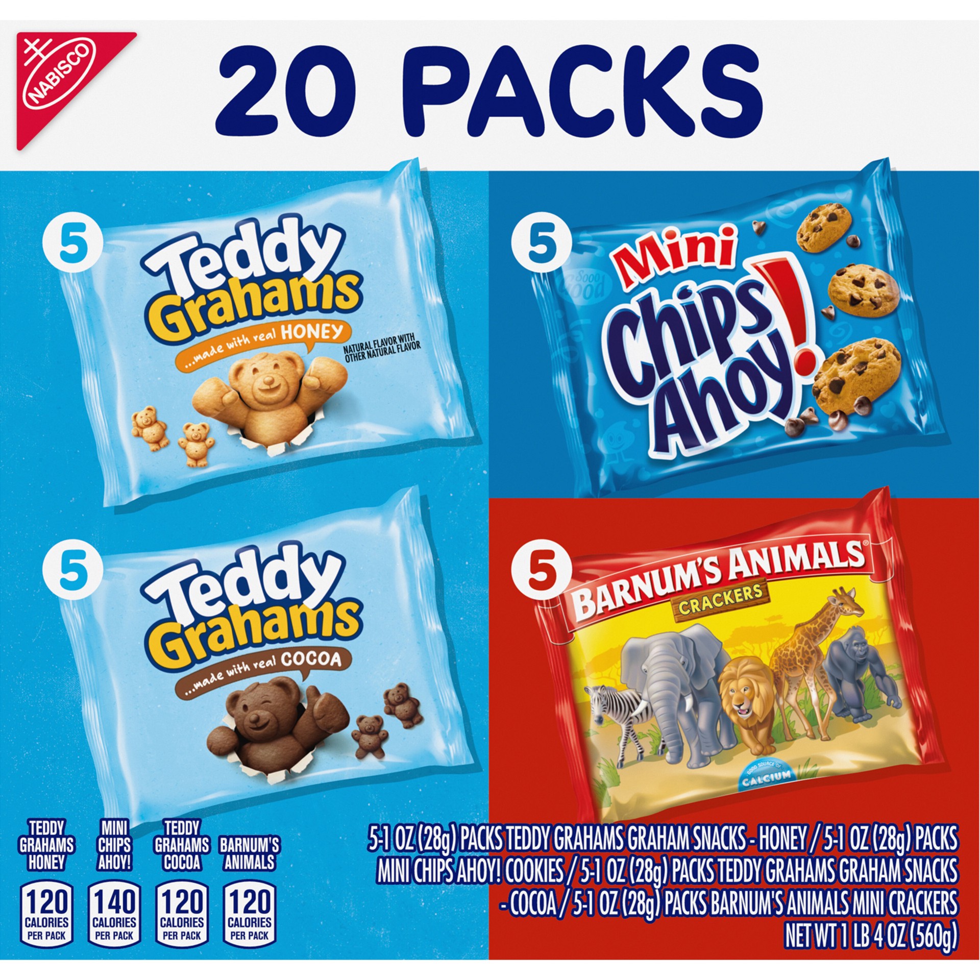 slide 3 of 5, Nabisco Fun Shapes Variety Pack, Barnum's Animal Crackers, Teddy Grahams and CHIPS AHOY! Mini, 20 Snack Packs, 20 oz