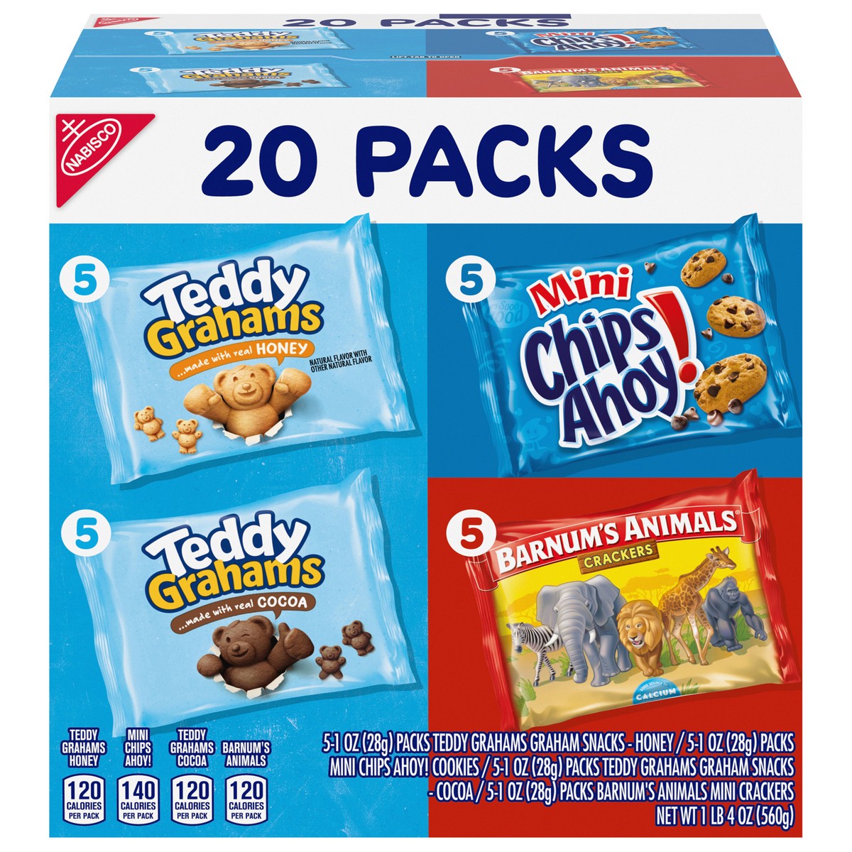 slide 1 of 5, Nabisco Fun Shapes Variety Pack, Barnum's Animal Crackers, Teddy Grahams and CHIPS AHOY! Mini, 20 Snack Packs, 20 oz