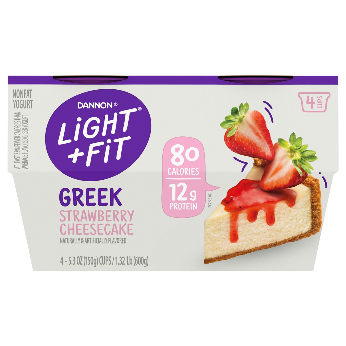 slide 1 of 5, Light + Fit Nonfat Gluten-Free Strawberry Cheesecake Greek Yogurt, 5.3 Oz. Cups, 4 Coun, 4 ct; 5.3 oz