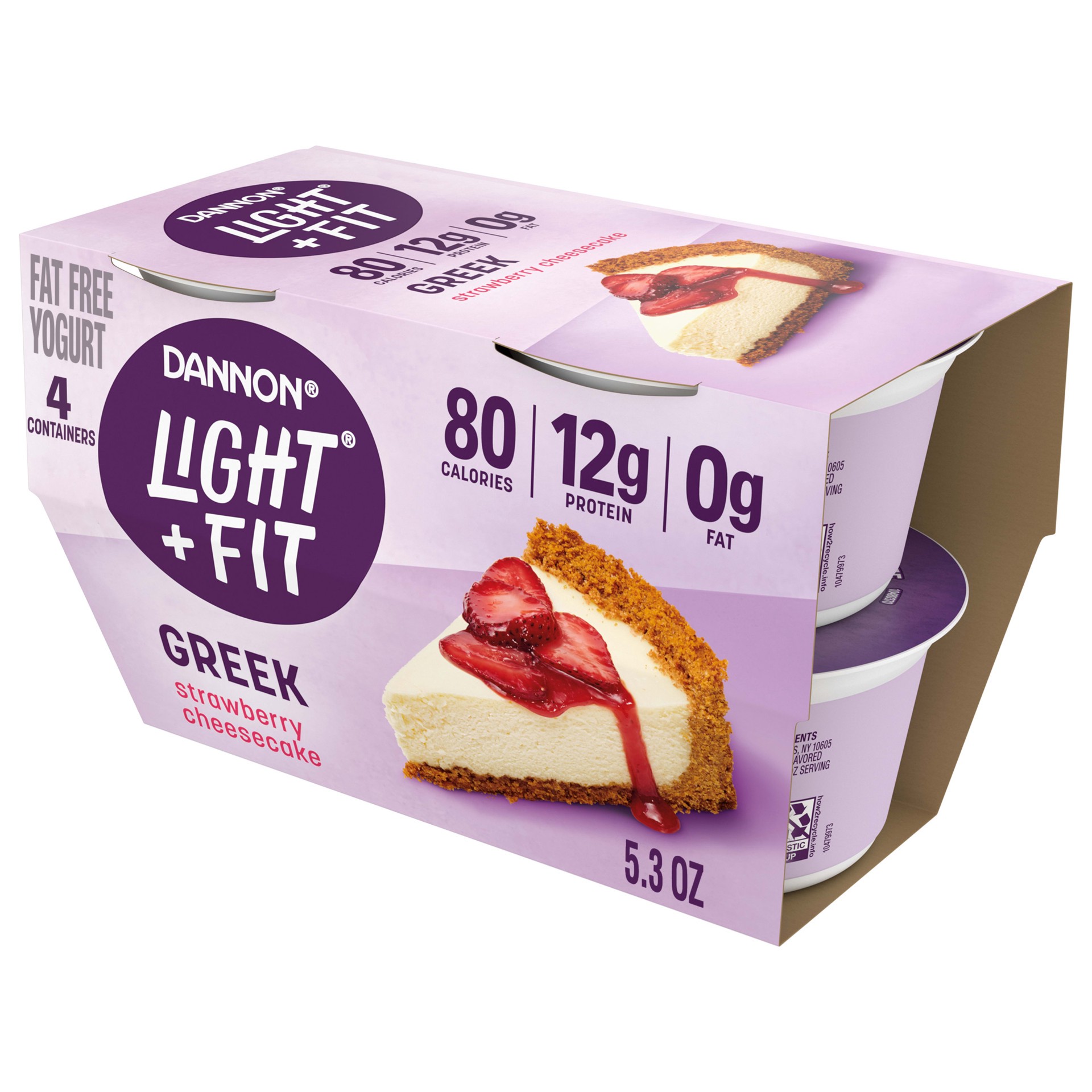 slide 1 of 5, Light + Fit Dannon Light + Fit Greek Strawberry Cheesecake Fat Free Yogurt, Creamy and Delicious Gluten Free Yogurt, 4 Ct, 5.3 OZ Yogurt Cups, 5.3 oz