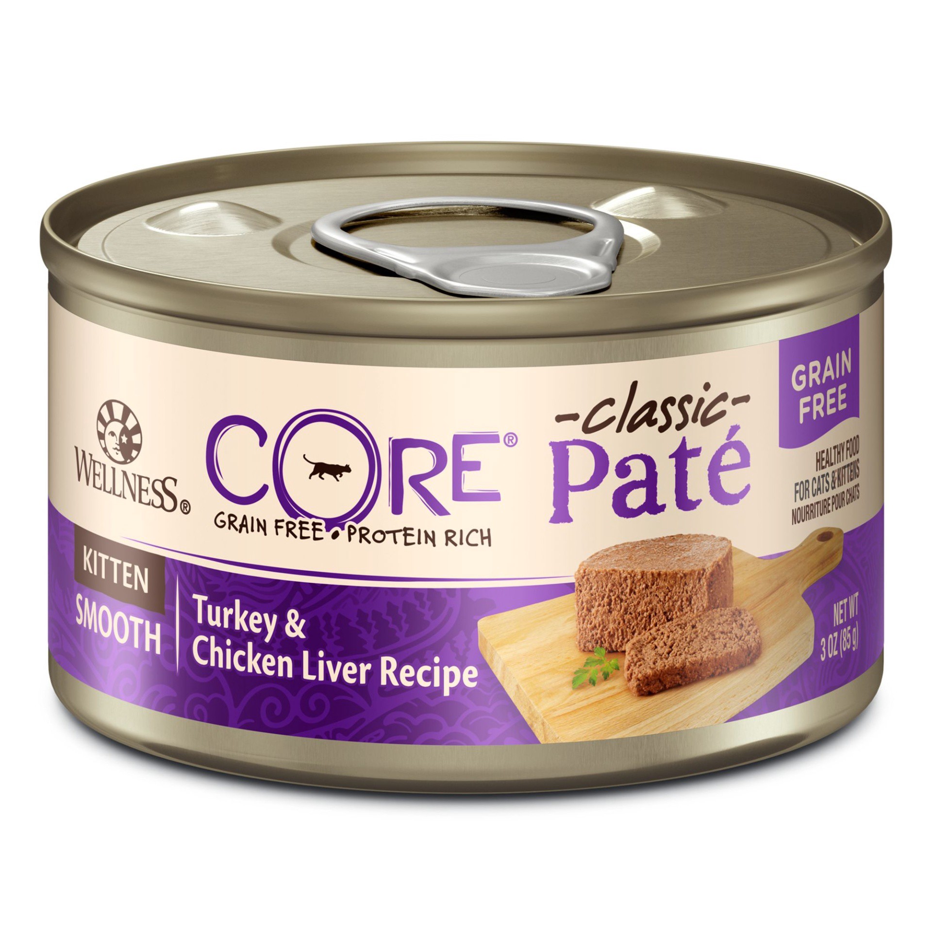 slide 1 of 8, Wellness CORE Pate Kitten Wet Cat Food, Natural, Protein-Rich, Grain Free, 3 Ounce, (Turkey & Chicken Liver), 1 ct