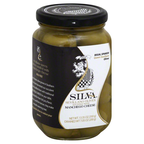 slide 1 of 2, Silva Stuffed With Manchego Cheese Sevillano Olives, 7.05 oz