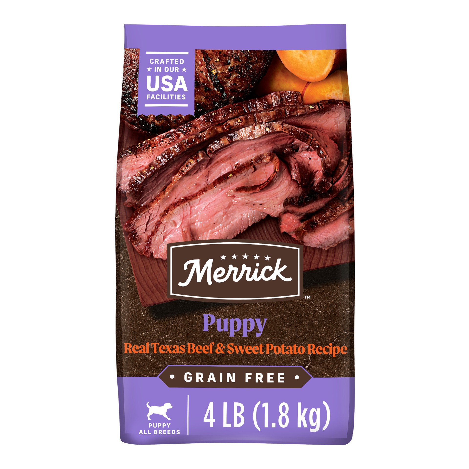 slide 1 of 4, Merrick Premium Grain Free Dry Puppy Food, Wholesome And Natural Kibble With Real Texas Beef And Sweet Potato, 4 lb