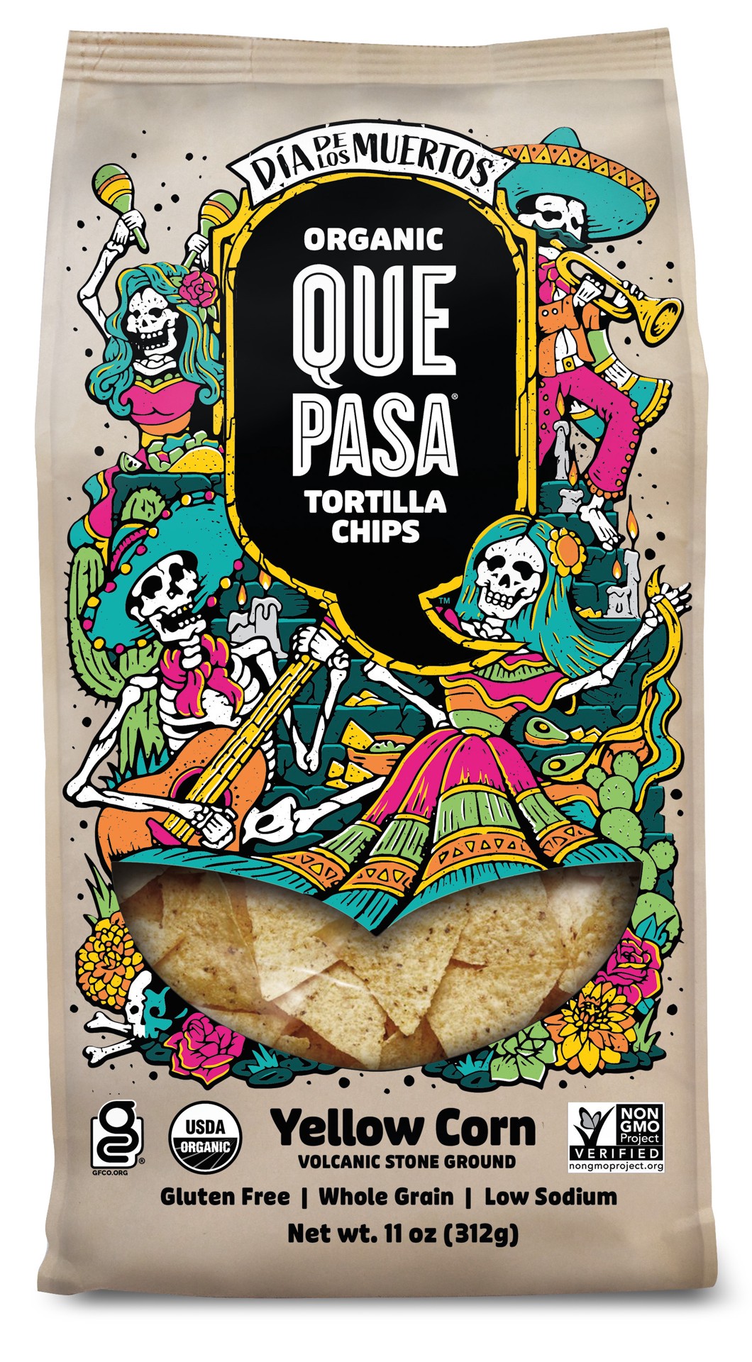 slide 1 of 5, Que Pasa Dia De Los Muertos Tortilla Chips, 11 oz