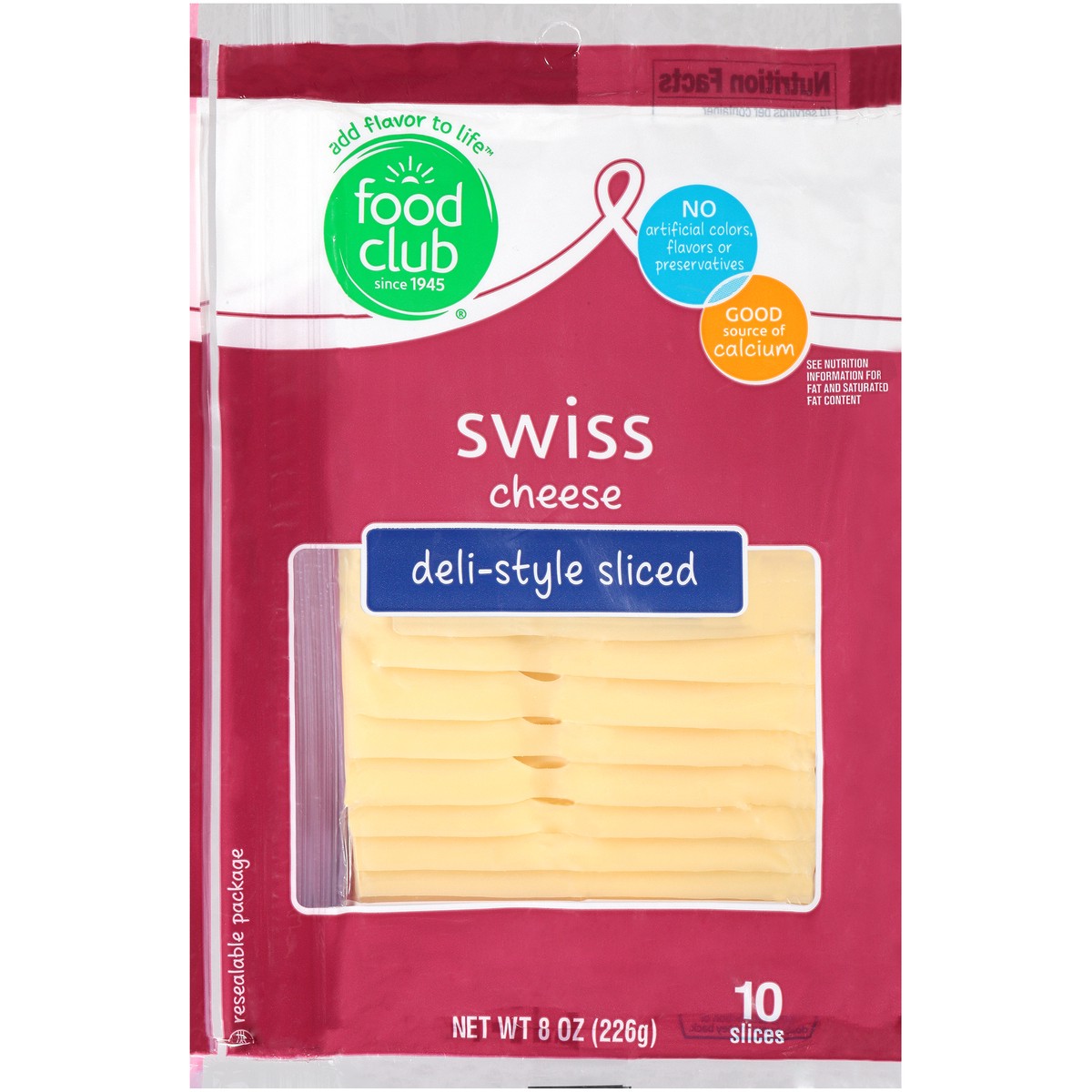 slide 1 of 8, Food Club Swiss Deli-Style Sliced Cheese, 8 oz