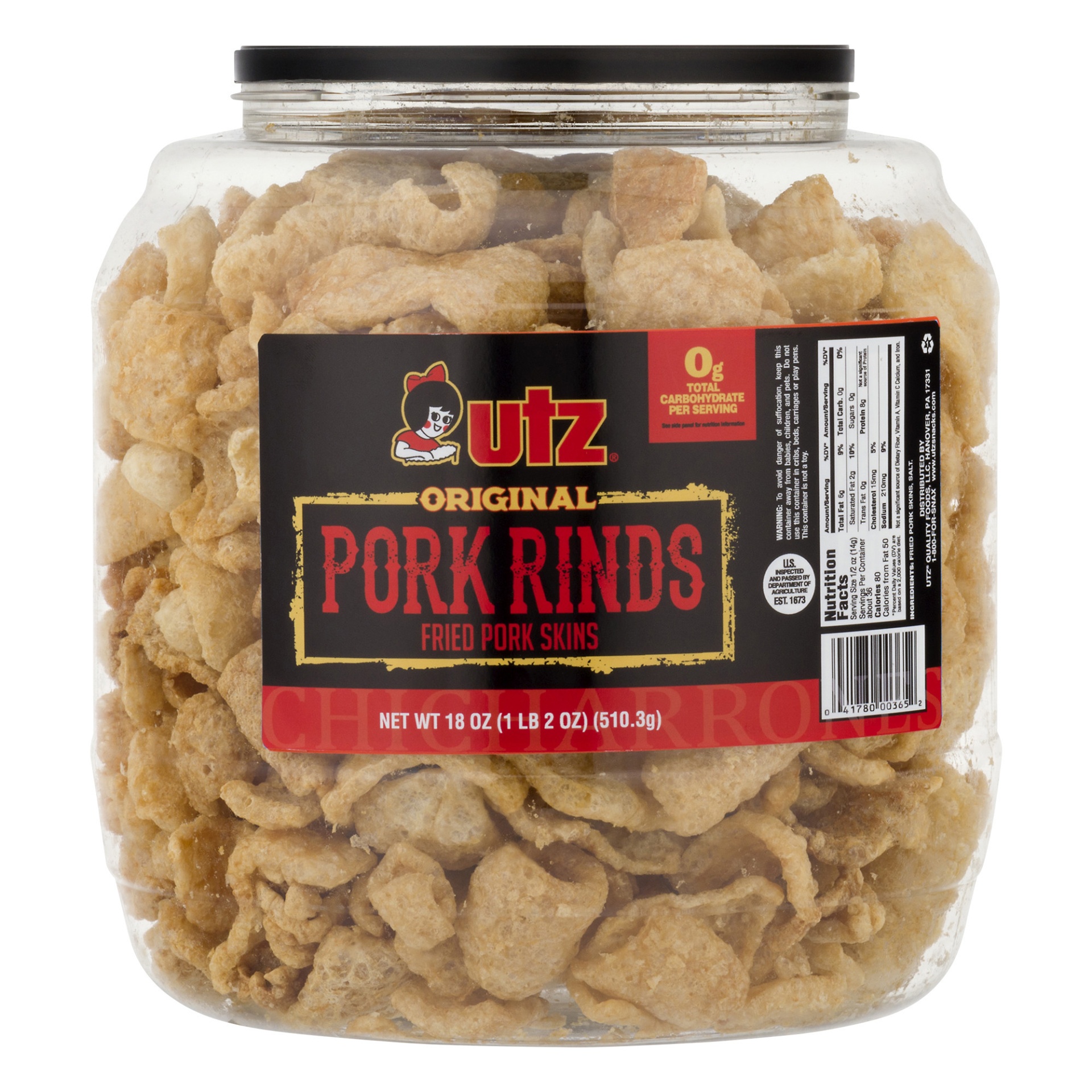 slide 1 of 1, Utz Pork Rind Barrel, 18 oz