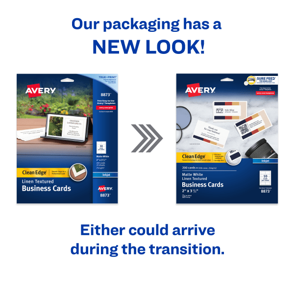 slide 5 of 8, Avery Inkjet Two-Sided Clean Edge Business Cards - Linen White, 200 ct