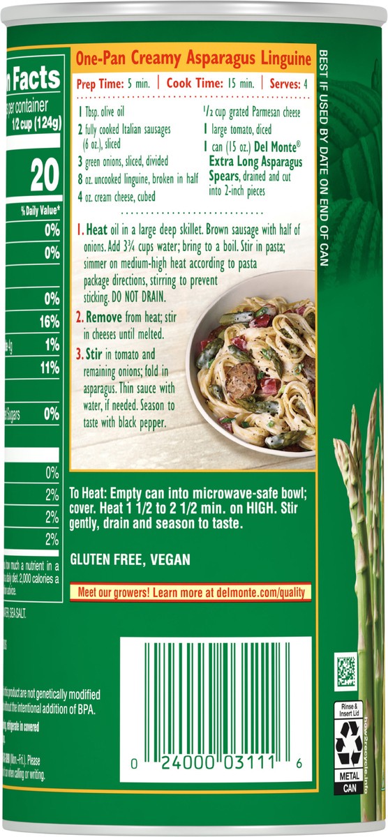 slide 7 of 7, DEL MONTE FRESH CUT HARVEST SELECTS Extra Long Asparagus Spears, Canned Vegetables, 15 oz Can, 15 oz