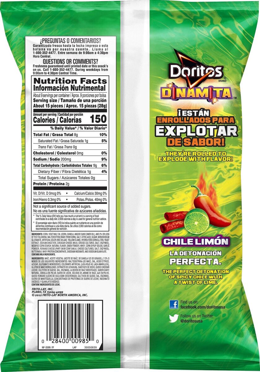 slide 10 of 10, Doritos Dinamita Rolled Flavored Tortilla Chips Chile Limon Flavored 9 1/4 Oz, 9.25 oz