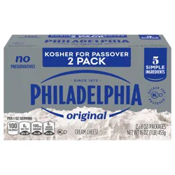 Philadelphia Cream Cheese, 2 Blocks, for Recipes and Baking, Original, No Artificial Preservatives, Flavors or Dye, 8 oz
