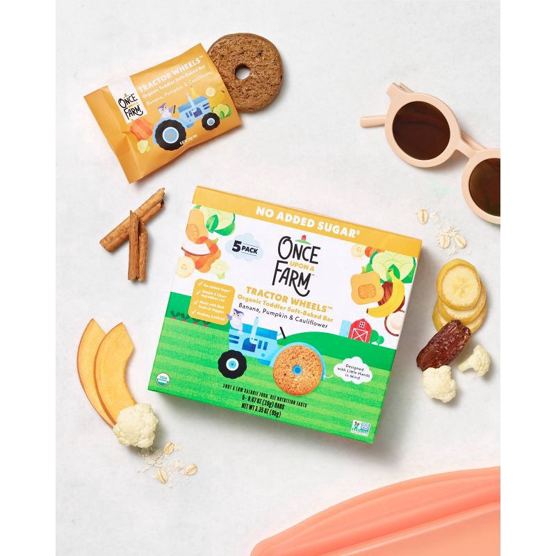 slide 6 of 8, Once Upon a Farm Organic Tractor Wheels Toddler Bar, Banana, Pumpkin & Cauliflower 5 Count, 5 ct