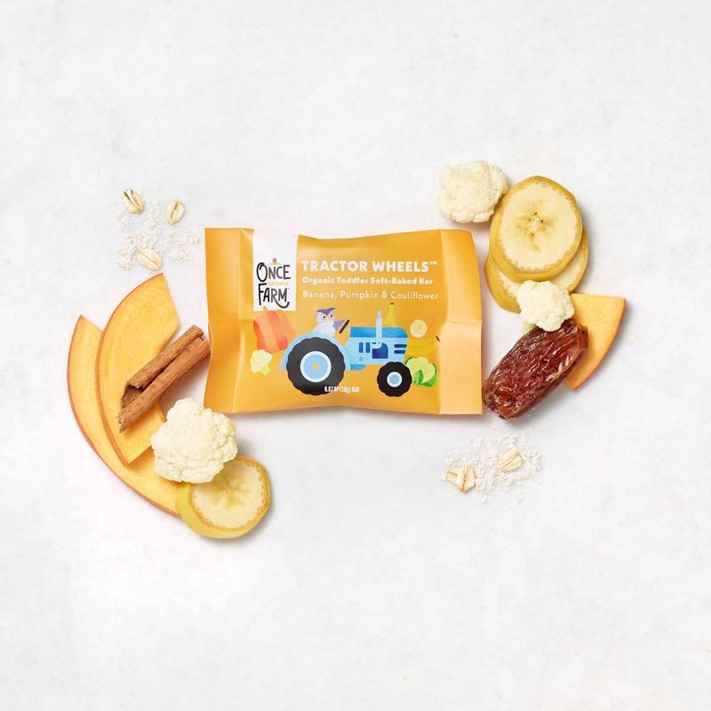slide 8 of 8, Once Upon a Farm Organic Tractor Wheels Toddler Bar, Banana, Pumpkin & Cauliflower 5 Count, 5 ct