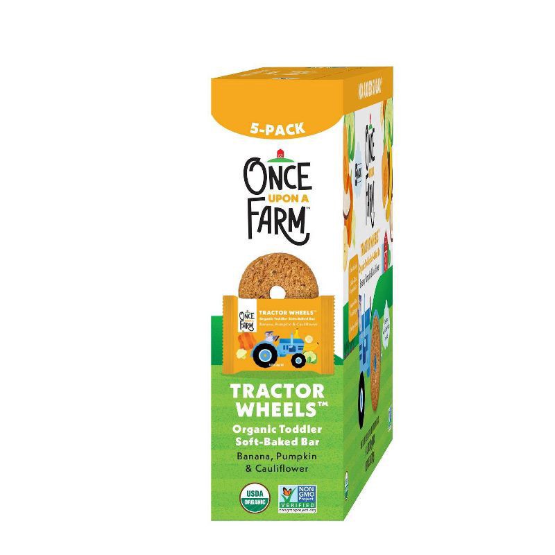 slide 4 of 8, Once Upon a Farm Organic Tractor Wheels Toddler Bar, Banana, Pumpkin & Cauliflower 5 Count, 5 ct