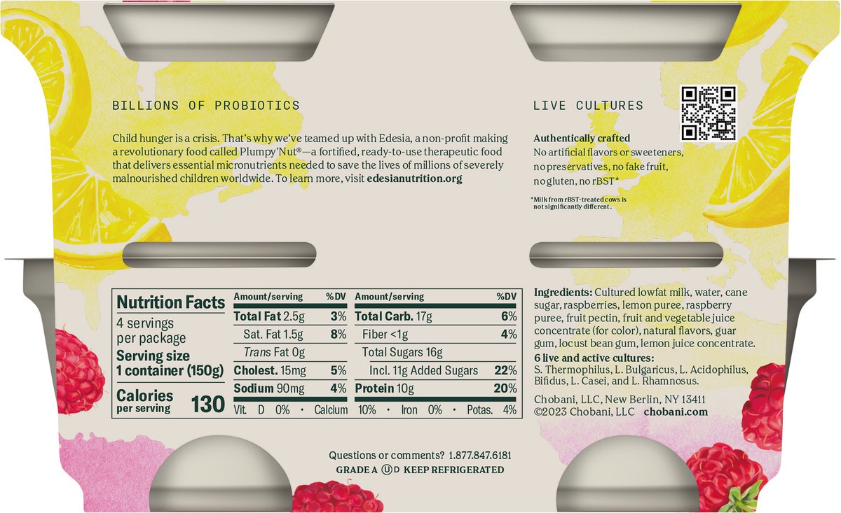 slide 2 of 9, Chobani Reduced Fat Greek Yogurt Raspberry Lemonade 5.3oz 4PK, 4 ct