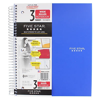 slide 1 of 1, Five Star Blue 3 Subject Wide RuledSpiral Notebook, 150 ct