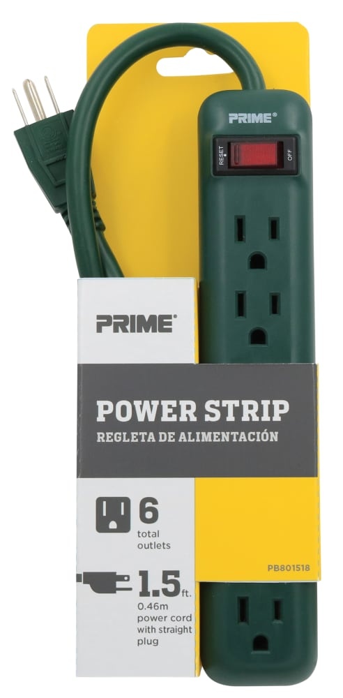 slide 1 of 1, Prime Wire & Cable 6-Outlet Power Strip - Green, 6 ft