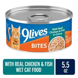 9Lives Bites Wet Cat Food with Real Chicken & Fish in Gravy, 5.5 oz Can