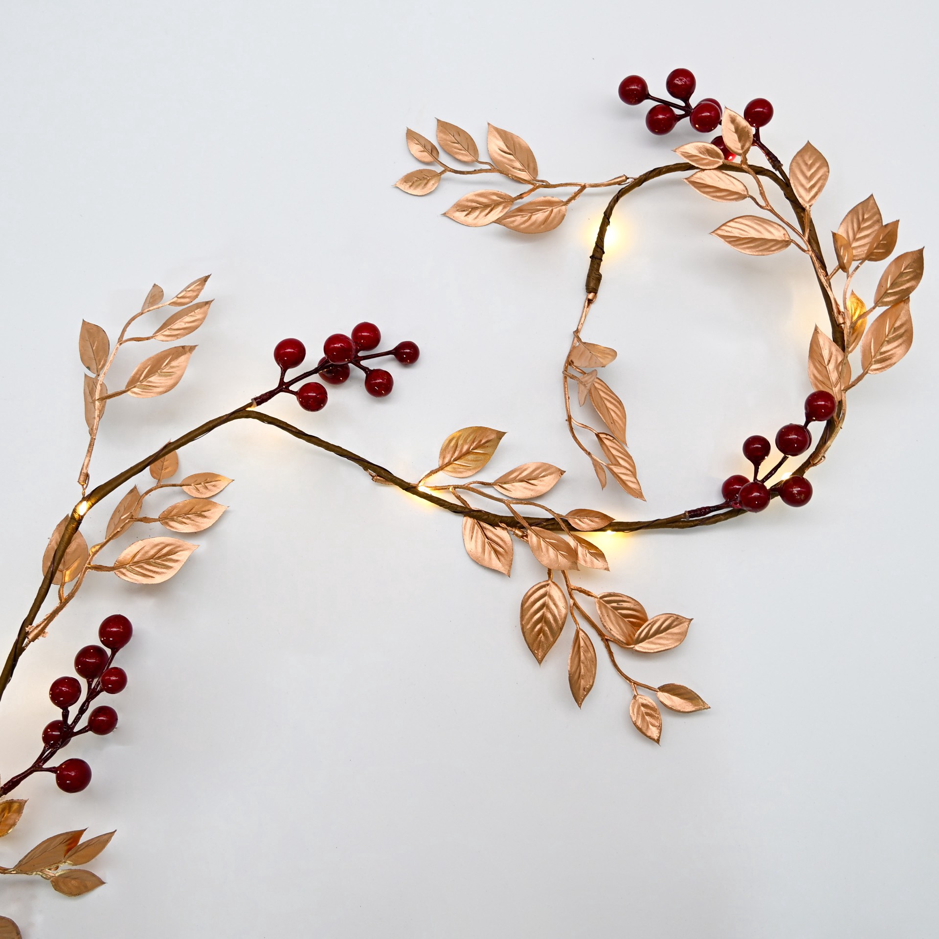 slide 3 of 4, 18ct. Warm White Led Red Berry & Gold Leaf Garland String Lights On Brown Wire By Ashland, 18 ct