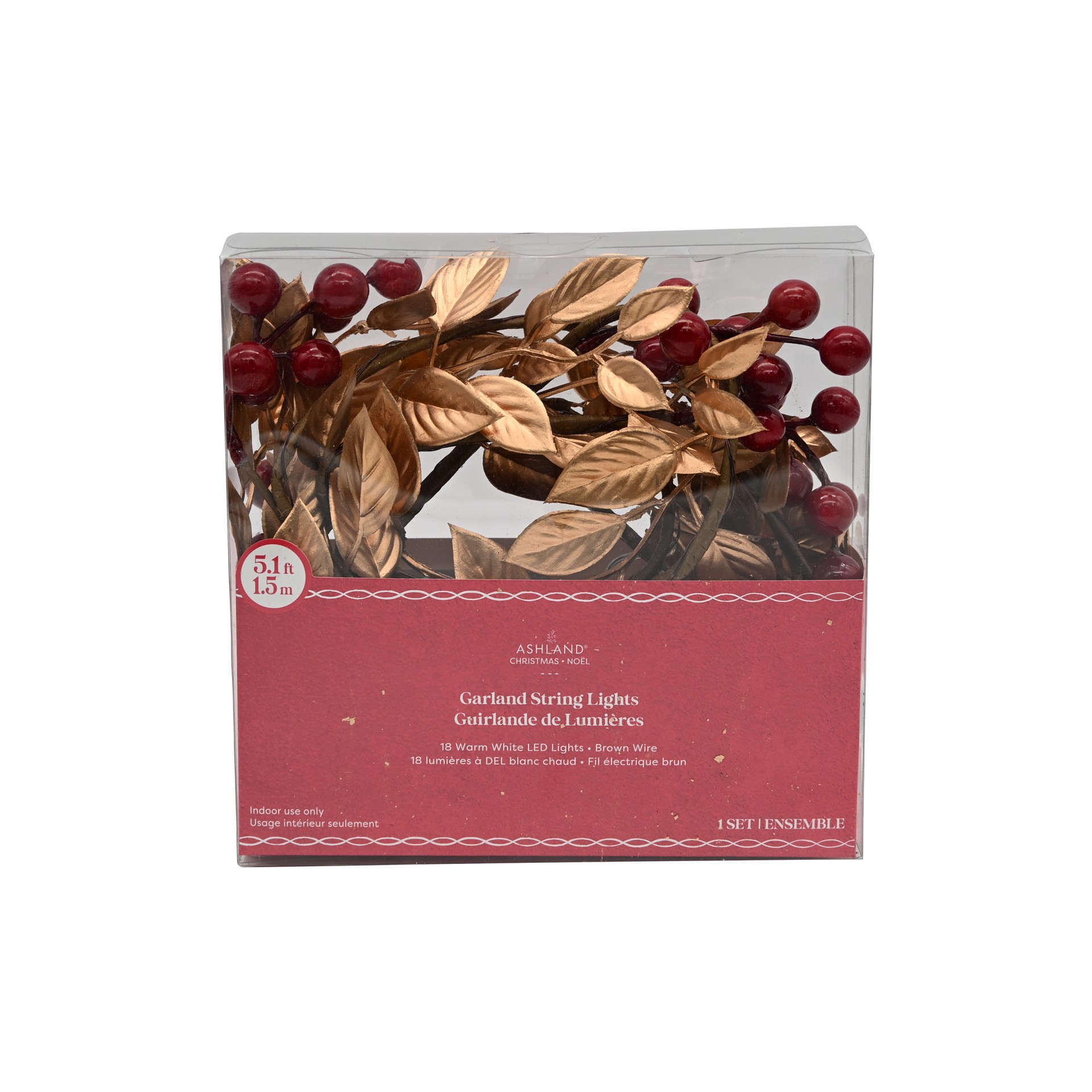 slide 4 of 4, 18ct. Warm White Led Red Berry & Gold Leaf Garland String Lights On Brown Wire By Ashland, 18 ct