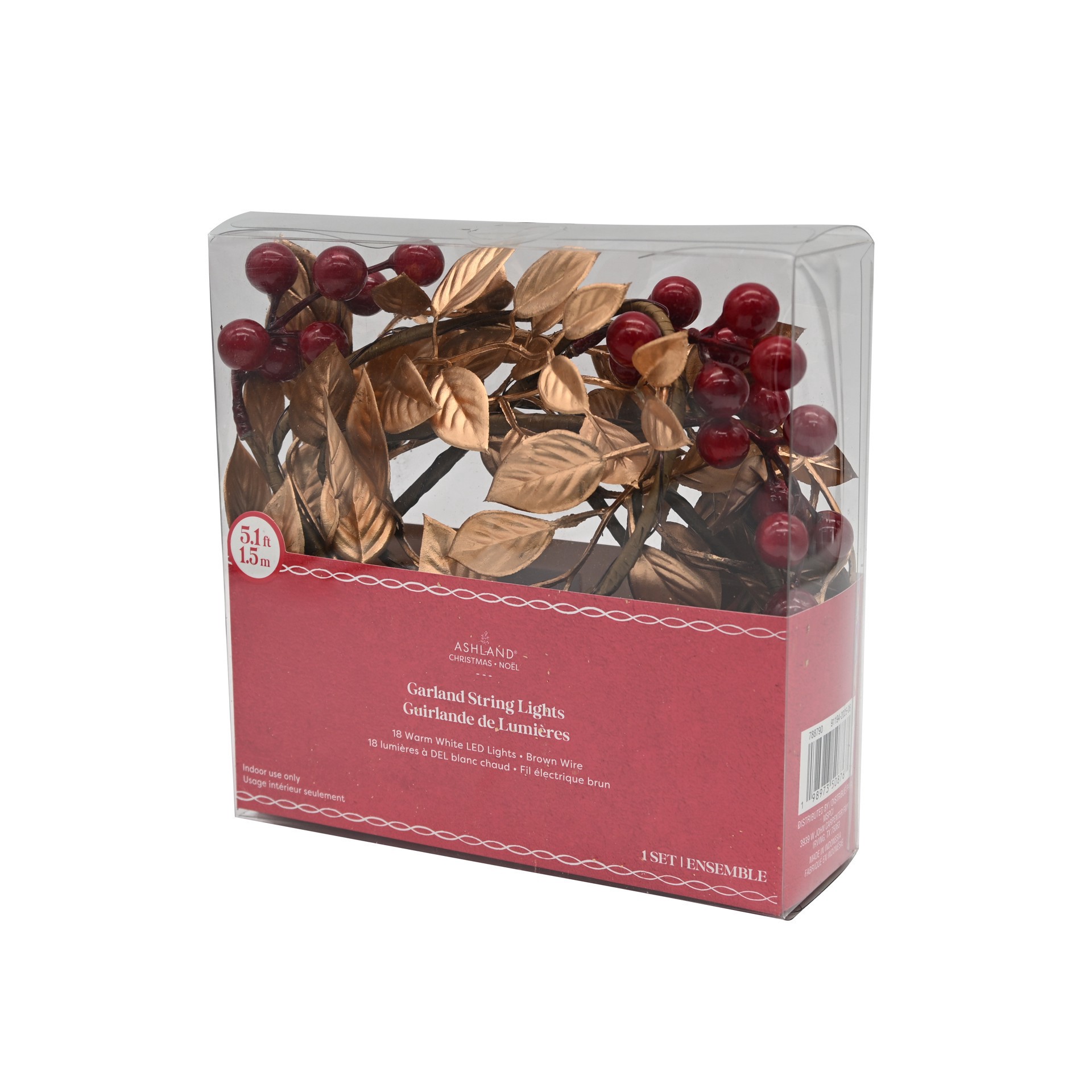 slide 2 of 4, 18ct. Warm White Led Red Berry & Gold Leaf Garland String Lights On Brown Wire By Ashland, 18 ct